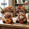Fall Decorations 2PCS Autumn Highland Cow Ornament, Thanksgiving Day Theme Wooden Decoration, with Woodcraft Decor Exquisite Details Figurine,
