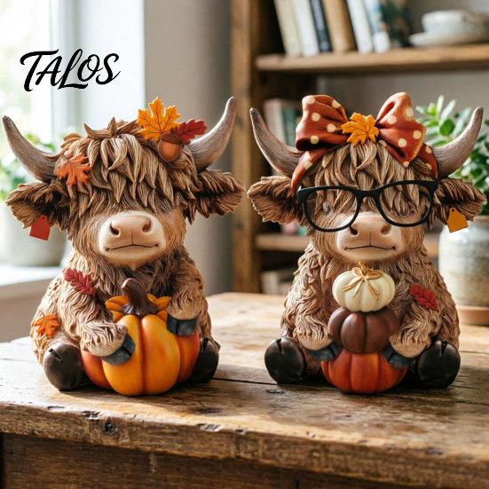Fall Decorations 2PCS Autumn Highland Cow Ornament, Thanksgiving Day Theme Wooden Decoration, with Woodcraft Decor Exquisite Details Figurine,