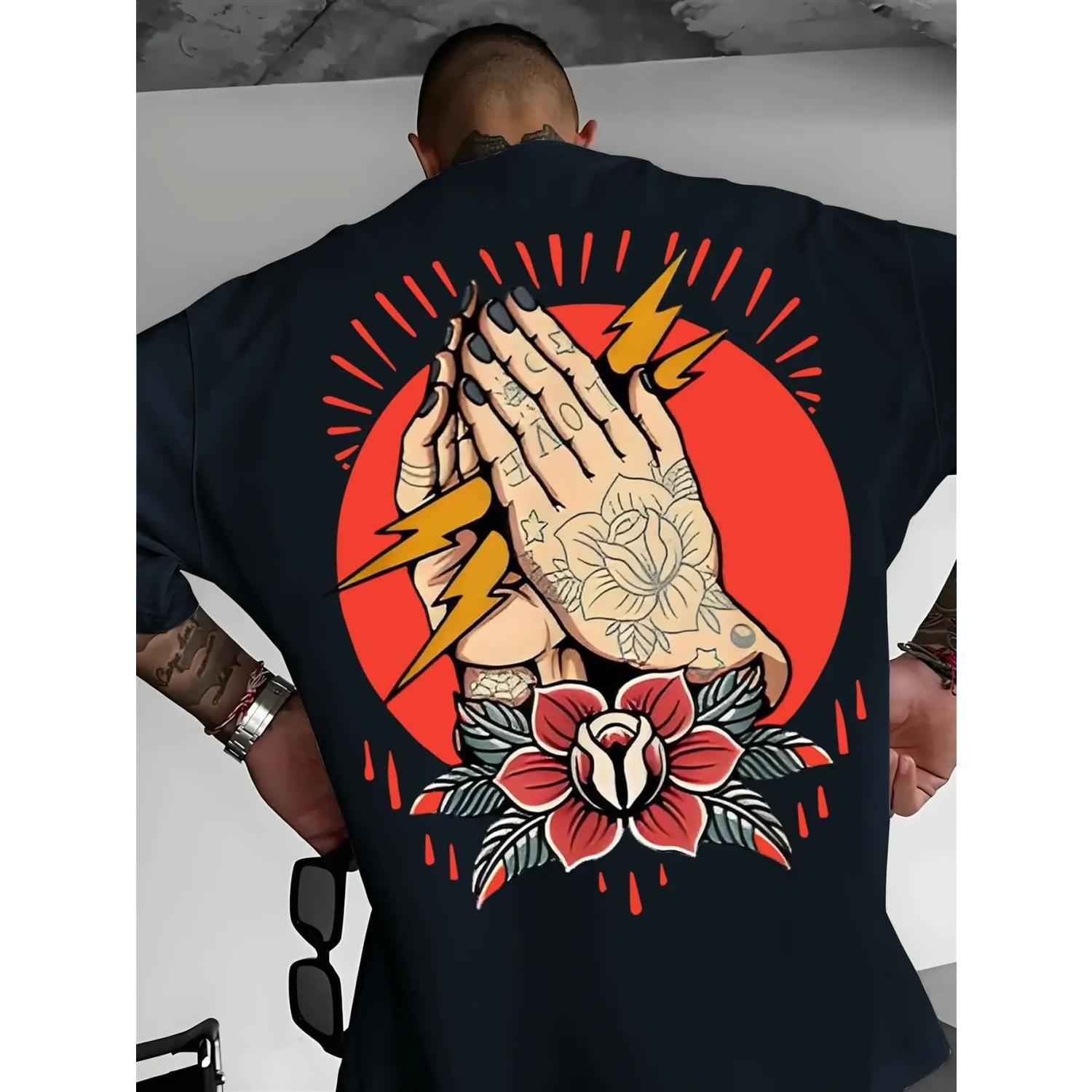 

Men s Rock Tattoo Printed T-shirt - Personalized Short Sleeve Breathable Music Festival Dressing and Valentine s Day Gifts S чёрный