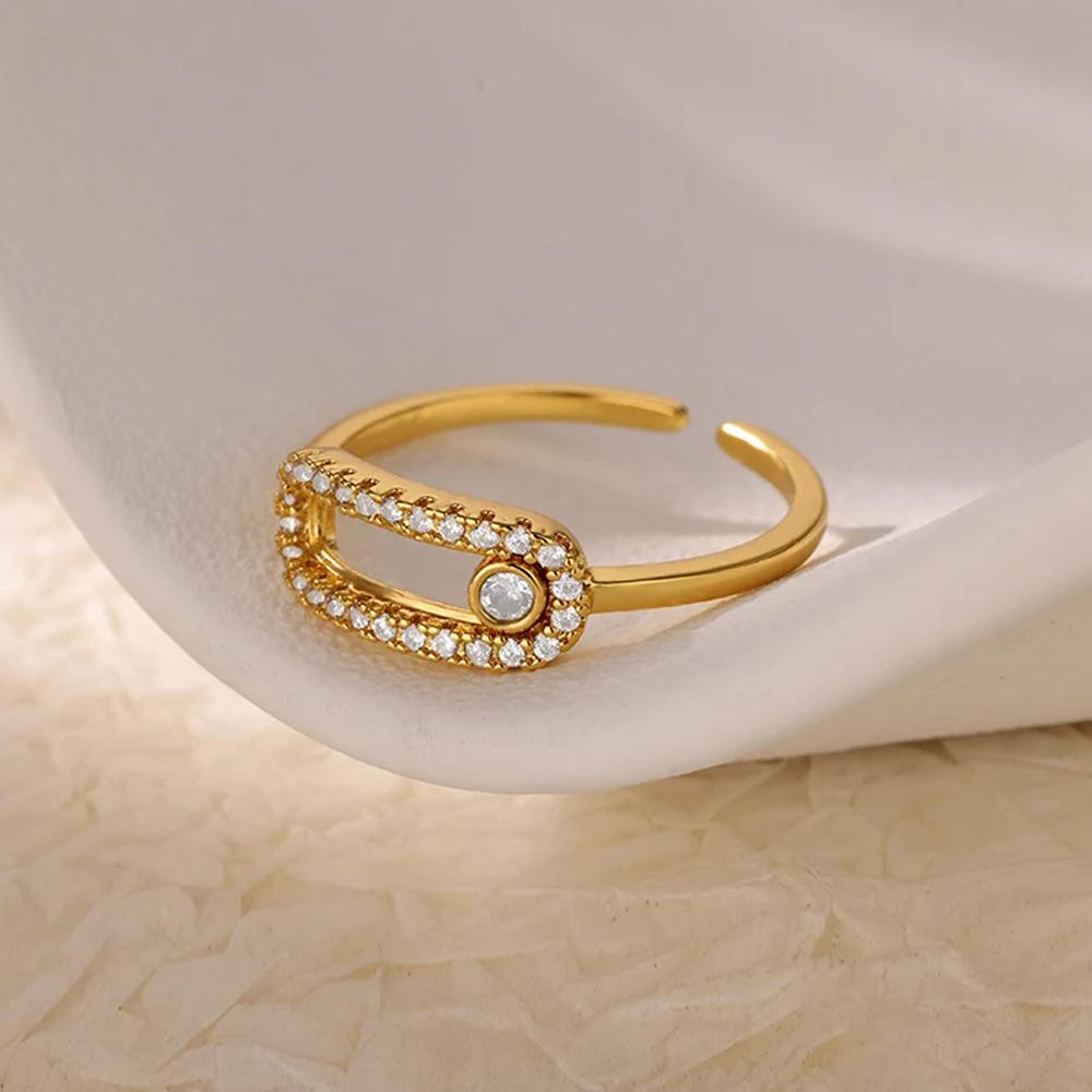 

Colored Zircon Large Flower Stainless Steel Rings Sliding Crystal Wide Band Ring Women Wedding Chunky Zircon Accessories Gifts Diameter 17.3 mm