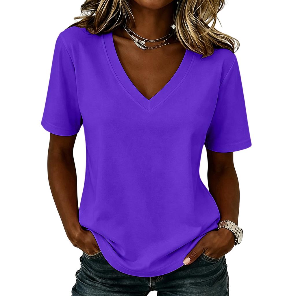 Camiseta Básica de Manga Curta com Gola V Casual Feminina Top Liso Confortável Caimento Solto Tecido Leve e Macio
