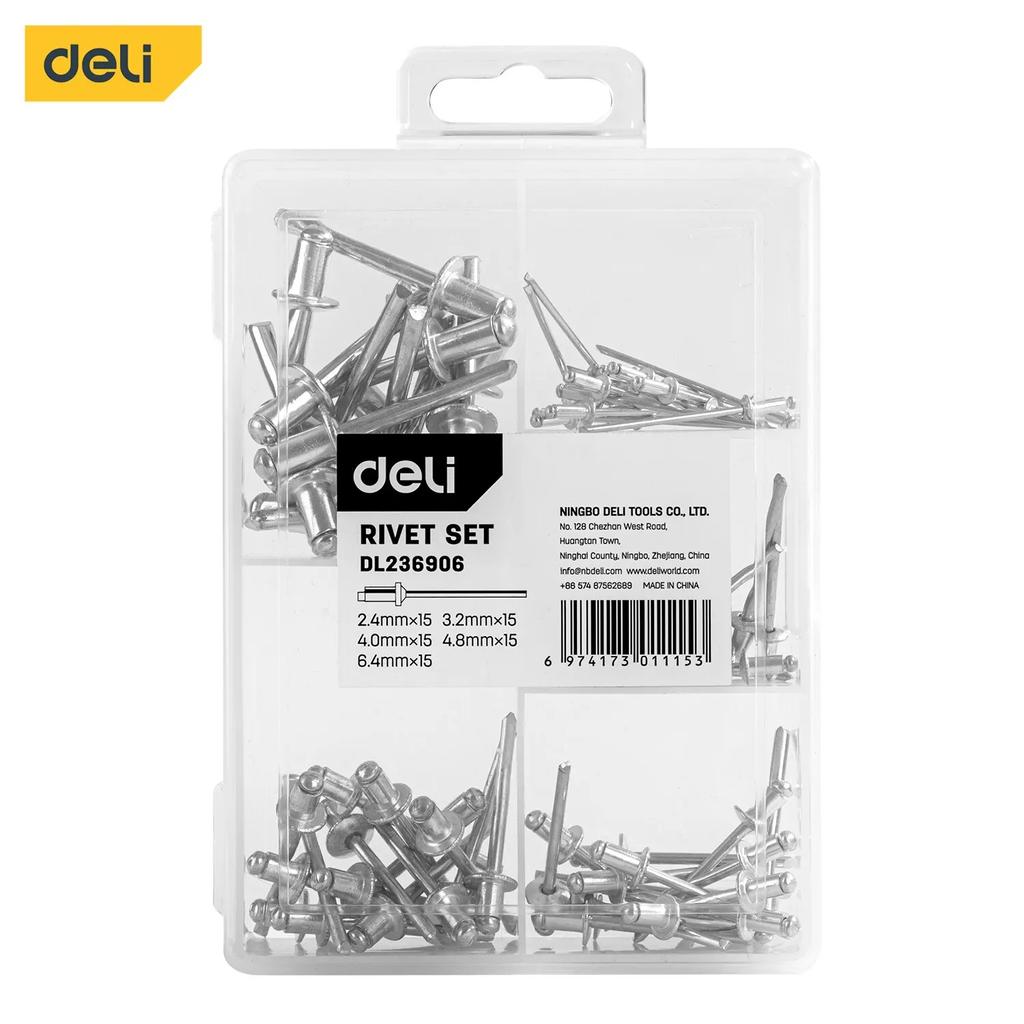 Deli 5-in-1 Nails Rivets Set Aluminium Dome Head Pop Rivets Head Blind Rivets Steel Shank Mandrel Exhaust Hand Tool for Home DIY