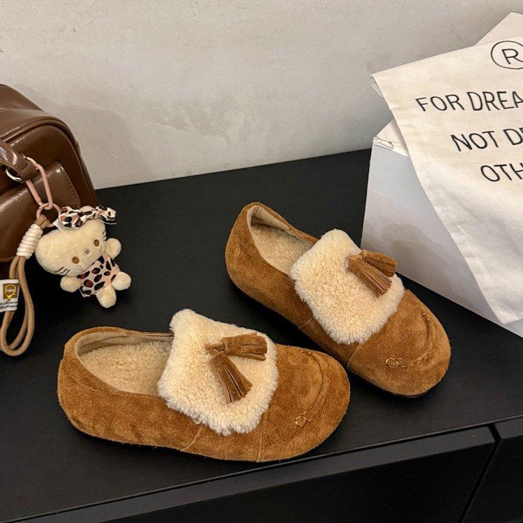 

Корейская версия новой осенне-зимней обуви из овечьей шерсти с бантом, женская бархатная обувь на плоской подошве, универсальные туфли Doudou 40 малиновый