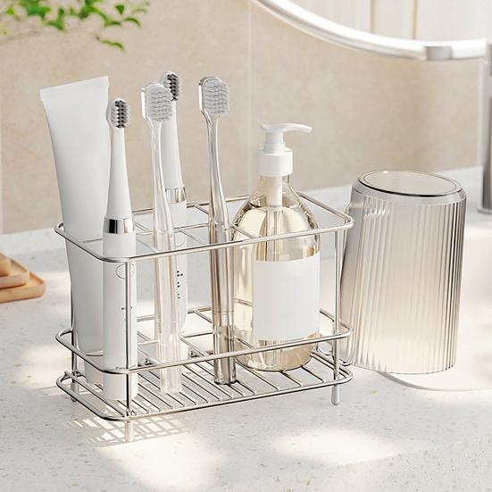 Stainless Steel Toothbrush Holder Bathroom Toothpaste Holder Stand with Quick Drainage Countertop Organizer for Bathroom Accessories