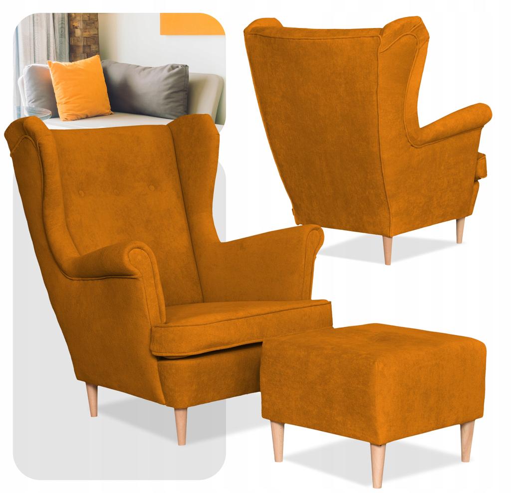 Fotel uszak z podnóżkiem skandynawski welur Hunter Family Meble musztardowy