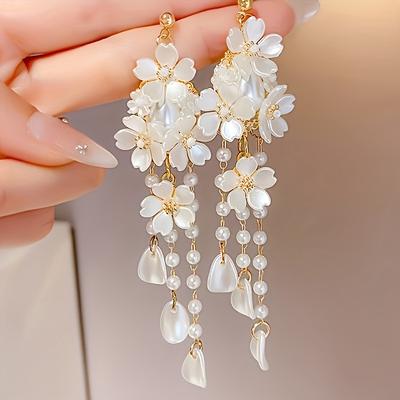 1 Paire d'Élégantes Boucles d'Oreilles Simples à Franges Florales avec Perles Imitation, Adaptées au Port Quotidien des Femmes