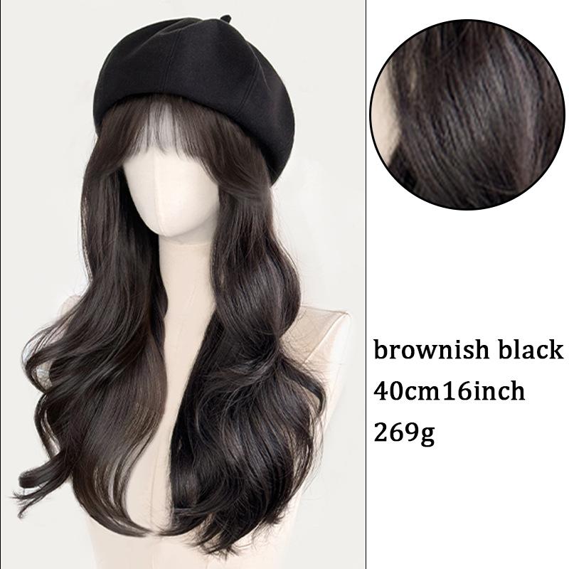 

Черный берет с воздушной челкой, большой волнистый кудрявый парик для женщин из синтетического волокна, подходящий для вечеринок на Хэллоуин и Рождество