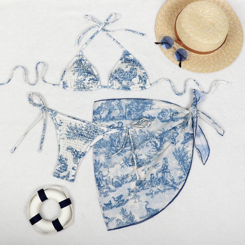TS JYL-BK045 Mesh Skirt Three-Piece Bikini, Print Triangle Slim Swimwear For Vacation