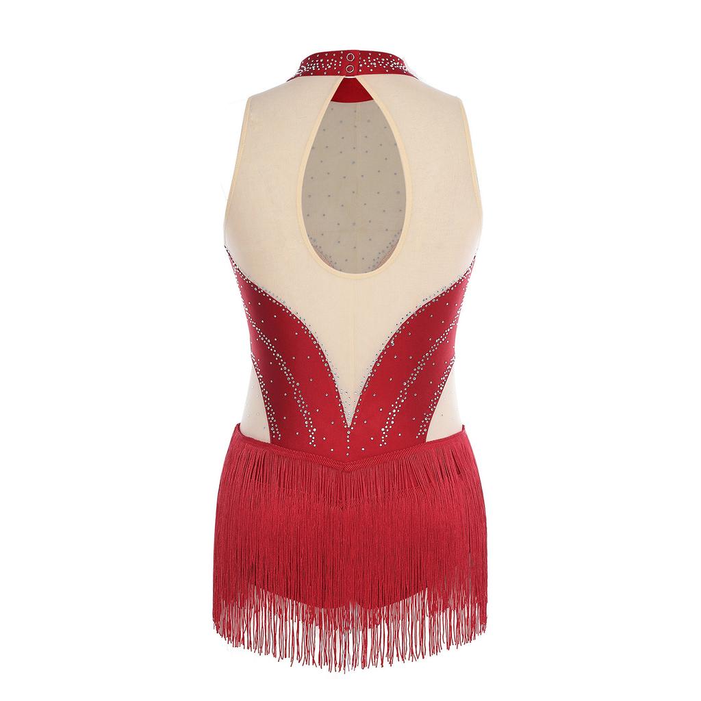 Pailletten Fransen Body für Damen Neckholder Jazz Latin Tanz Samba Chacha Quaste Leotard Akrobat Kostüm