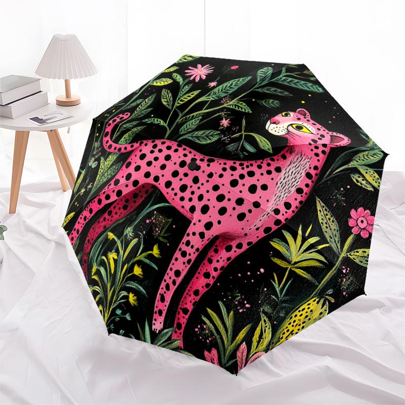 1 PC Automatic Folding Umbrella - Pink Leopard Pattern, Portable & Foldable Design with 8 Ribs, Christmas Birthday Gifts
