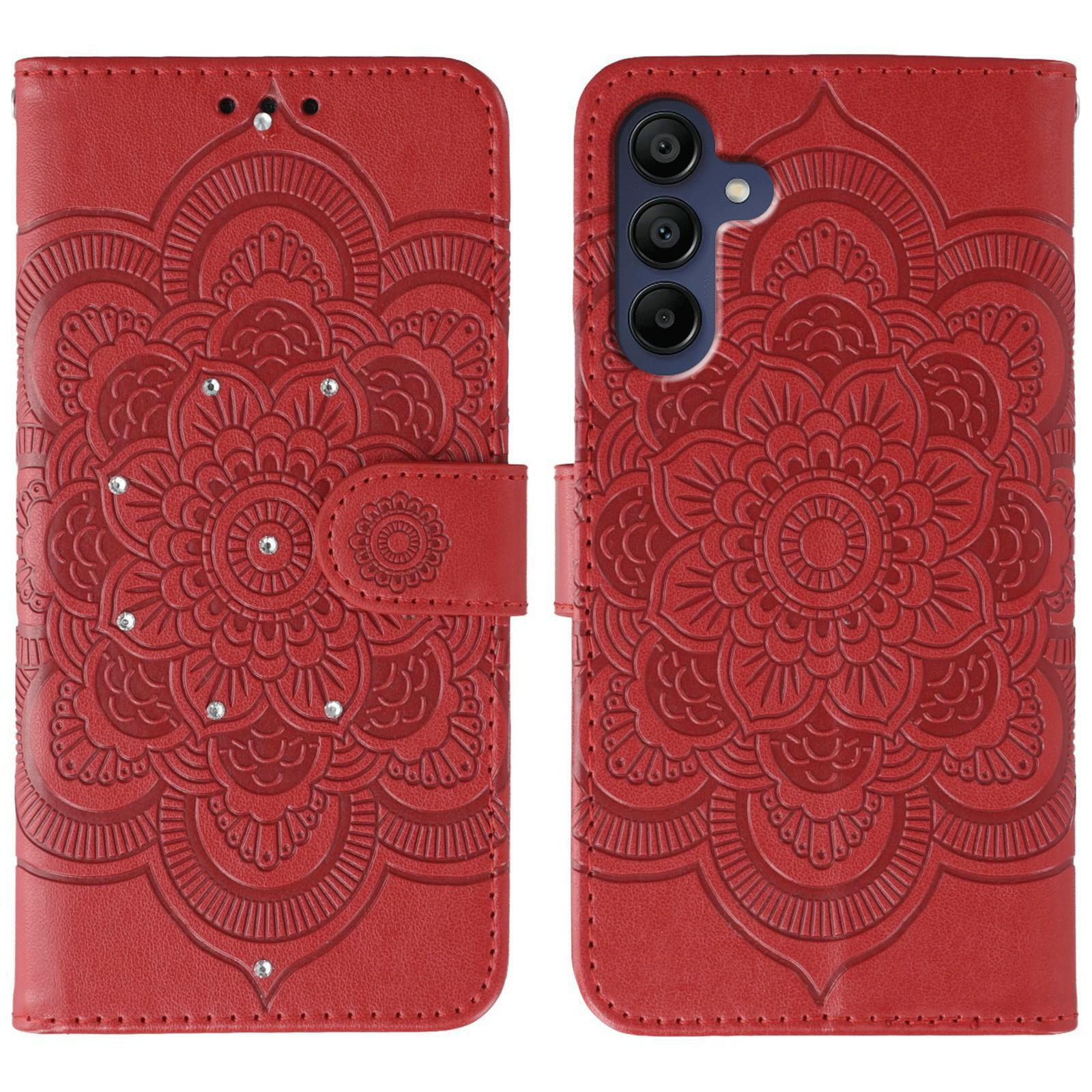 

For Samsung Galaxy A36 5G Case Rhinestone Decor PU Leather Mandala Imprinted Design Phone Cover with Wrist Strap Red