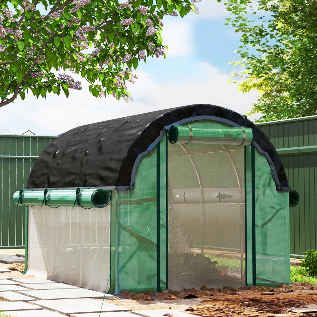 3 X 2 X 2 M Polytunnel Greenhouse with Sun Protection Net, Roll-Up Side Walls, Plastic Cover, Steel Frame, Green