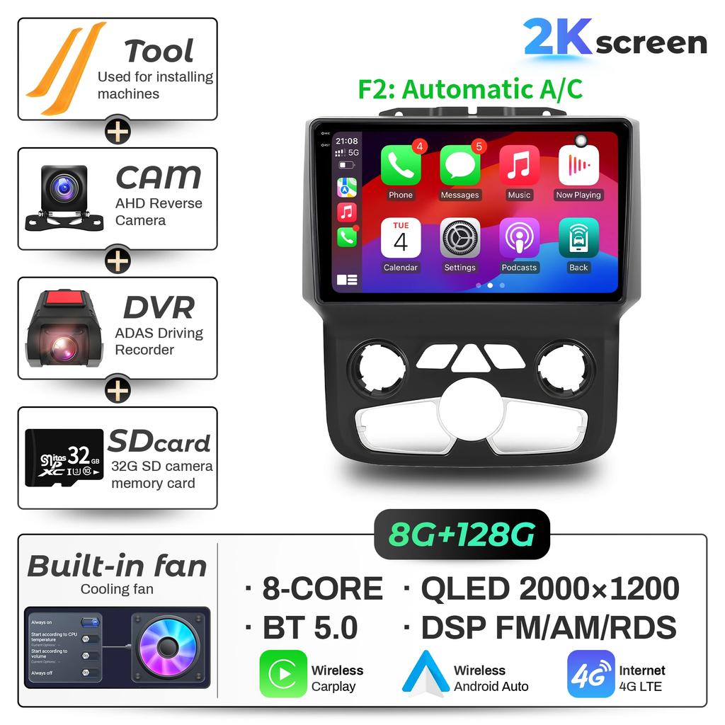 9"  Car Radio For Dodge RAM 1500 2500 2013-2019 Android 16 Wireless BT Carplay Multimedia Navigation Touch 2K QLED Screen
