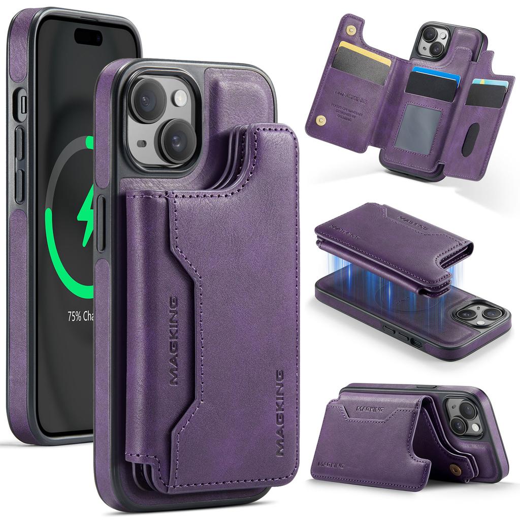 MAGKING K3 Series For iPhone 15 Case Compatible with MagSafe Wallet PC+TPU+PU Phone Cover