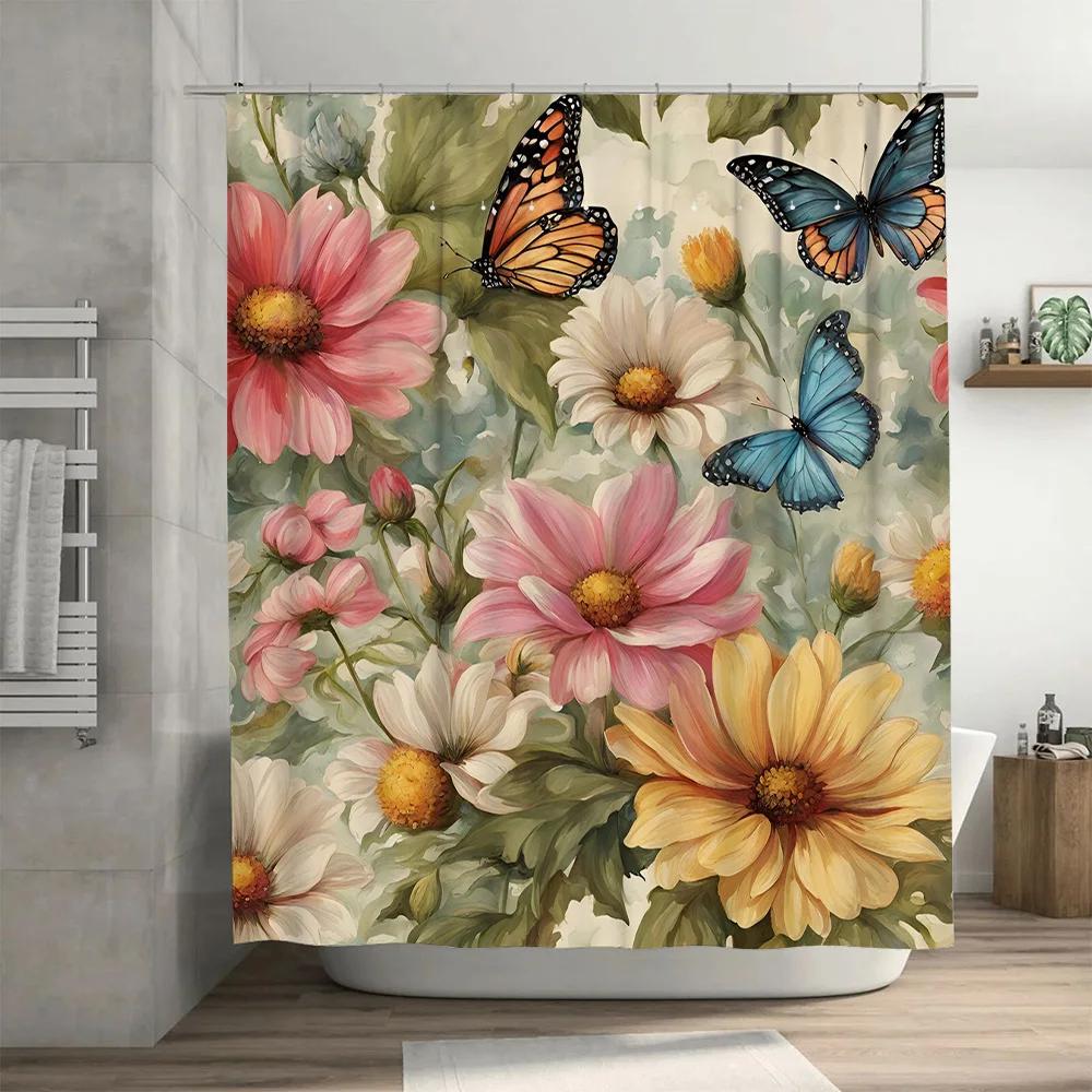 Decorate Your Bath: Beautiful Butterfly Flower Shower Curtain for Bathroom Decorations Soft Fabric Waterproof Curtain Set