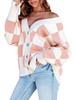 Autumn Winter Women's Casual Loose Checkered Checkerboard Plaid Collision V-neck Buttoned Long-sleeved Knit Cardigan Comfortable Long Sleeves Sweater