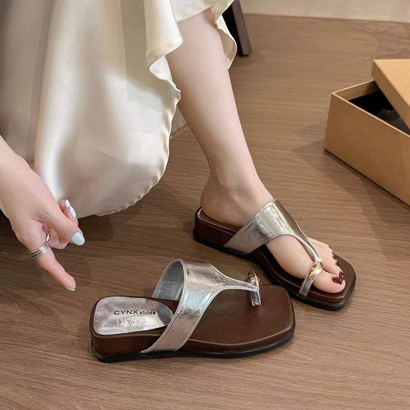 Summer Outer Wear Thick-soled Heightening Set Toe Slope Heel Cool Slippers Women's 2025 New with Skirt Beach Sandals Flip-flops