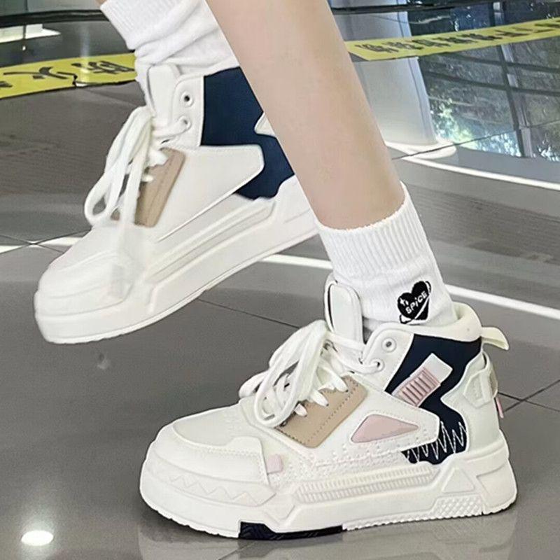 

Women s High-Top Canvas Sneakers, Trendy Non-Slip Casual Shoes for Spring and Autumn, Thick-Soled, White 35