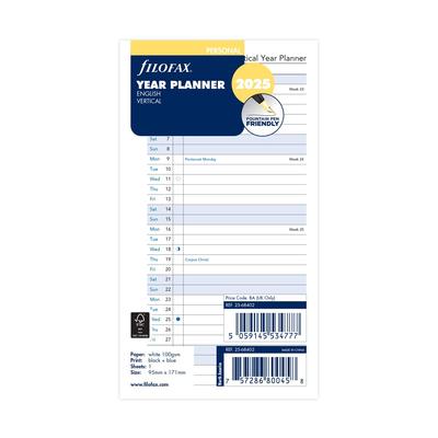 Filofax 2025 System Planner Refill, Bible Vertical Year Planner, January Start, White, 25-68402, Officially Imported