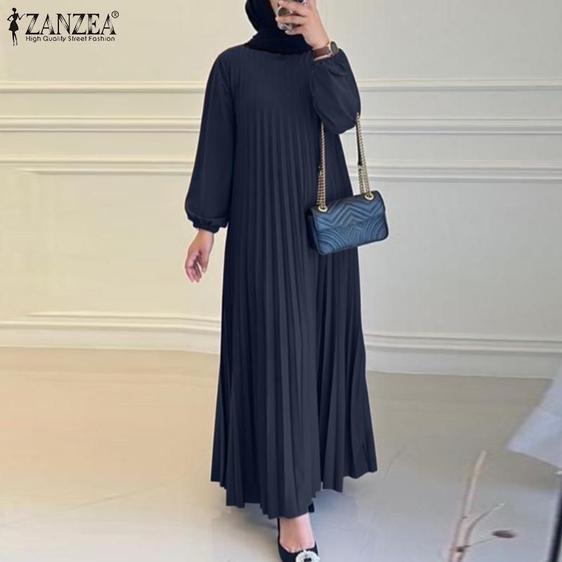 ZANZEA Women Casual O-neck Loose Long Sleeve Pleated Dress