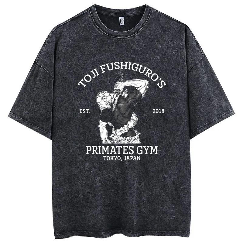 Men and Women Anime Printed Washed Short Sleeve Retro Sports Fitness Short Sleeve Loose Large Size