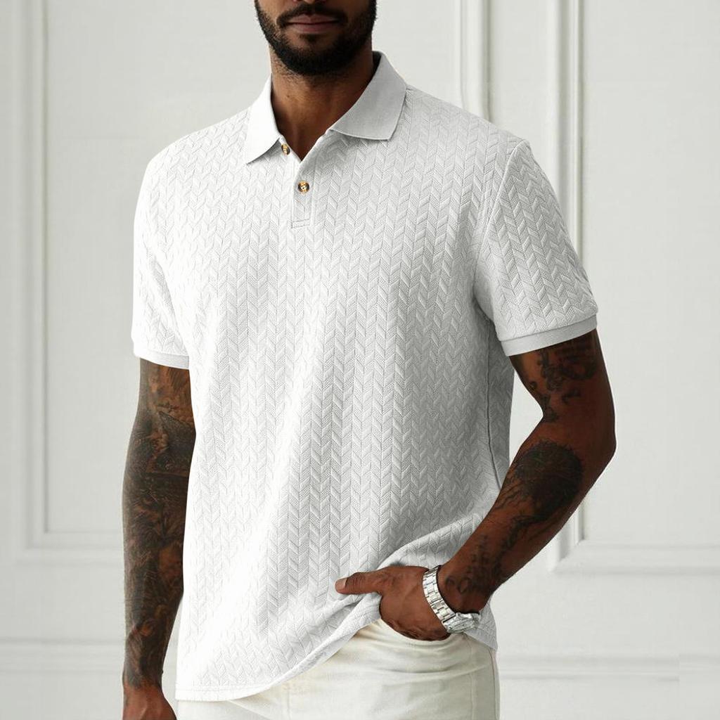 Men's Summer Jacquard Polo Shirt Short Sleeve Business Casual Collared Top Lightweight Breathable Fabric Comfortable Fit