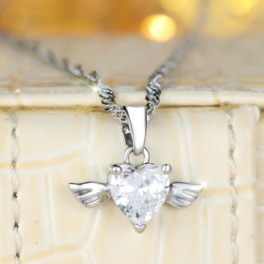 Silver Angel Wing Heart Necklace with Large Sparkling CZ Crystal Guardian Pendant Romantic Chain Jewelry Gift for Her