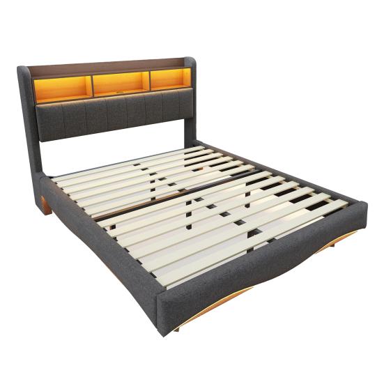 Children Bed Suspended Design Upholstered 140x200cm Linen Fabric, Multifunctional Storage with LED Light Light, USB And Type-C Interface, Beige