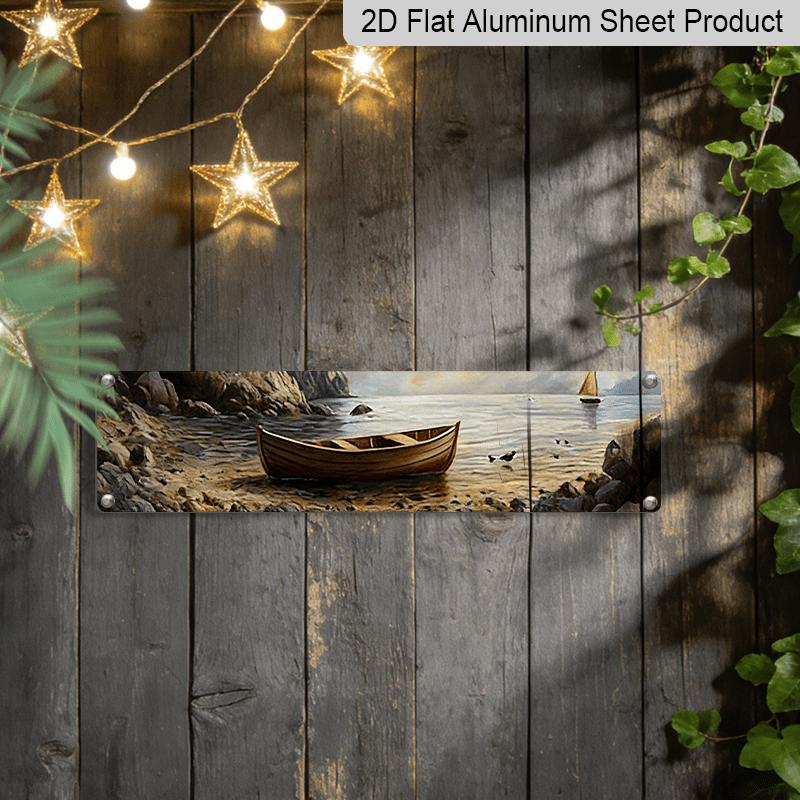 2D Flat Rustic Dinghy Sailboat Aluminum Sign - 2D Flat 15.7×3.94inch Coastal Home Decor Featuring A Sandy Shoreline and Seagulls, Ideal for