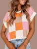 Women's Color Block Cropped Knit Top Cap Sleeve Crew Neck Summer Short Sweater