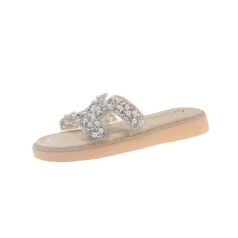 

Beautiful rhinestone thick-bottomed cool slippers female summer wear 2025 new fairy style with skirt seaside beach one-word drag 35