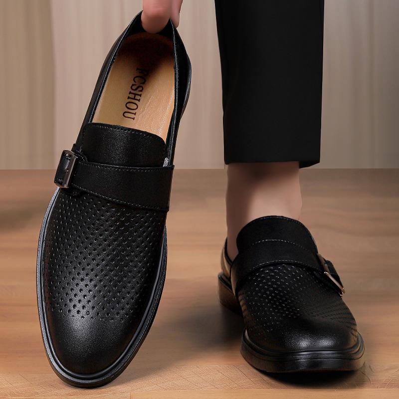 Fashion Men Genuine Leather Punching Loafers Slip-On Comfortable Casual Shoes All-match Dress Shoes for Men Business Classic Penny Flats