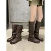 Height Increase of 6cm~ Fashionable Belt Buckle Square Round Head Pleated Medium Tube Knight Boots Women's Long Boots