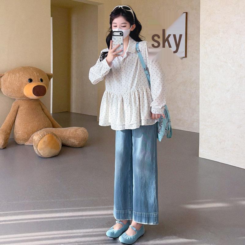 2026 Spring/Summer Polka Dot Doll Collar Long Sleeve Top M