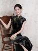 Elegant Women's Black Velvet Short-Sleeve Qipao - Youthful Autumn 2025 Style