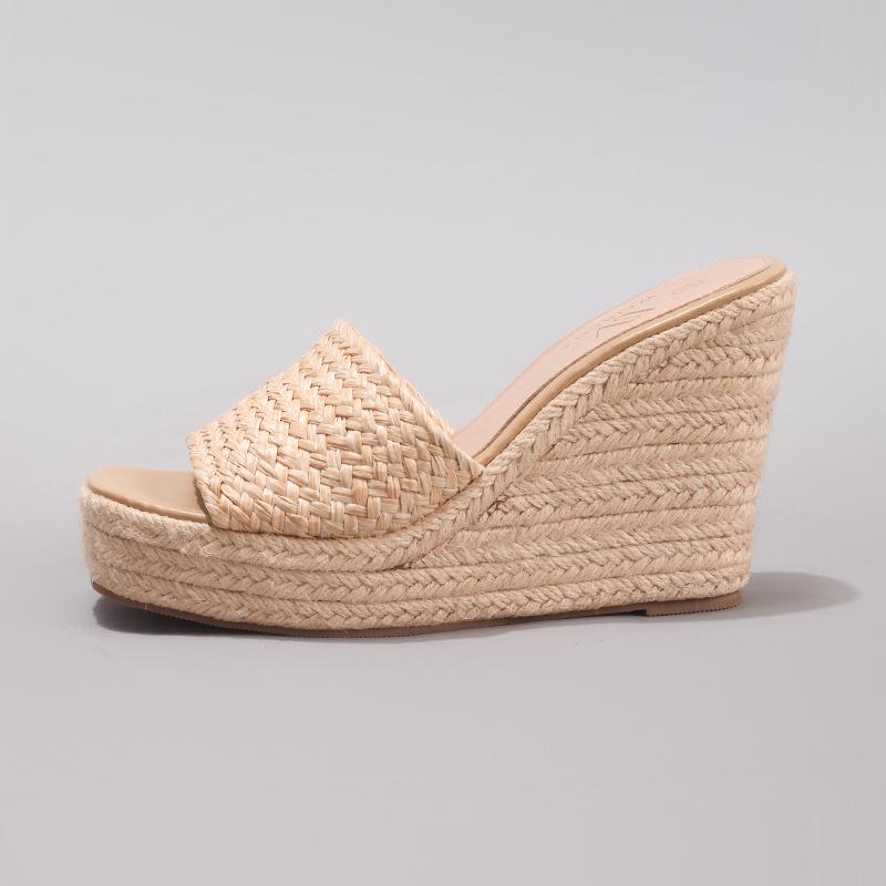 Damen-Keilabsatzsandalen aus geflochtenem Strohseil - Einzelner Riemen, Sommer-Plateau-High Heels, Europäischer & Amerikanischer Stil