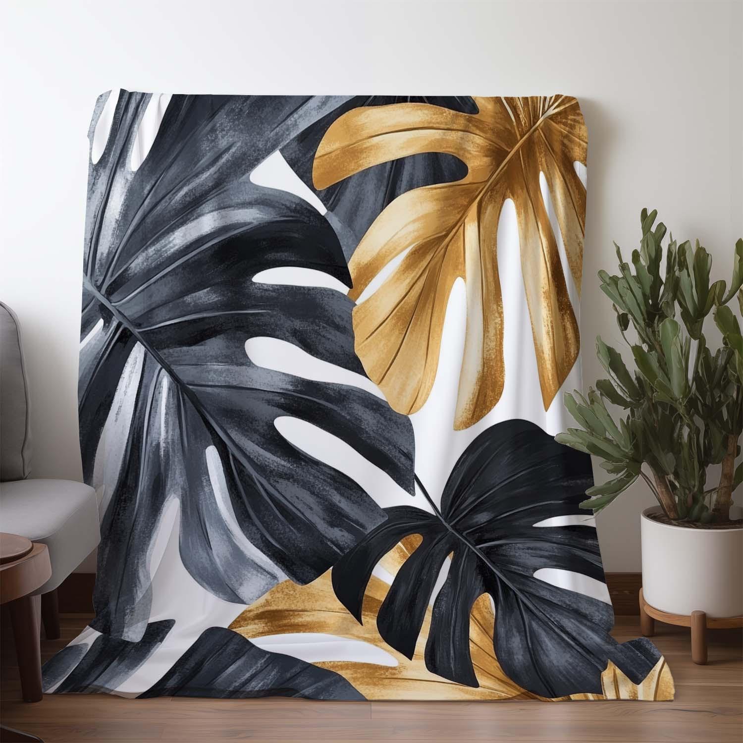 

1pc Sdoo Flannel Blanket - Retro Tropical Monstera Leaf Print in Black White Golden Gray, Ultra-Soft All-Season Throw for Sofa 75x90cm