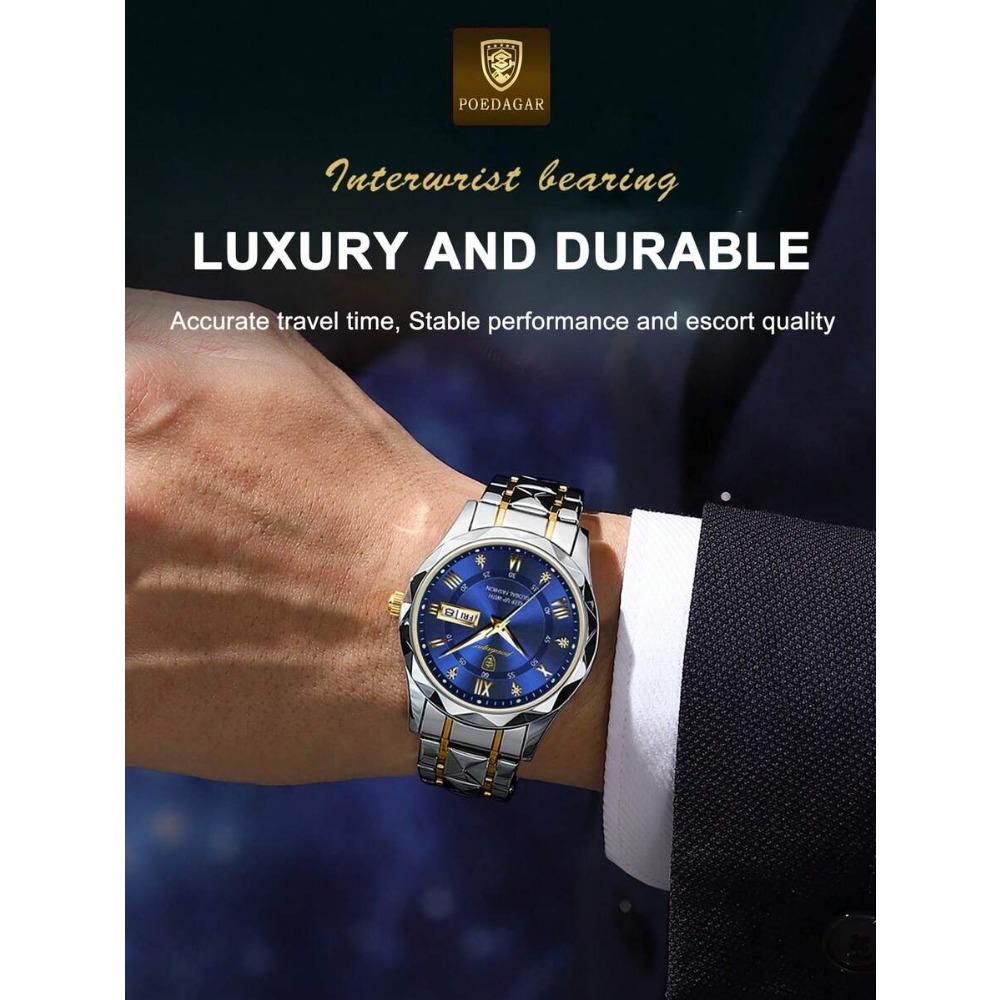 POEDAGAR Business Men's Stainless Steel Dual Calendar Quartz Watch, Casual Waterproof Luminous Men's Watch, Men's Gift