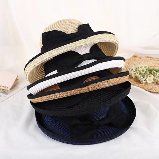 Bucket Hat Wide Wavy Lace Brim Sun Protection Hat with Ribbon Bow Decoration Summer Travel Beach Vacation Hat