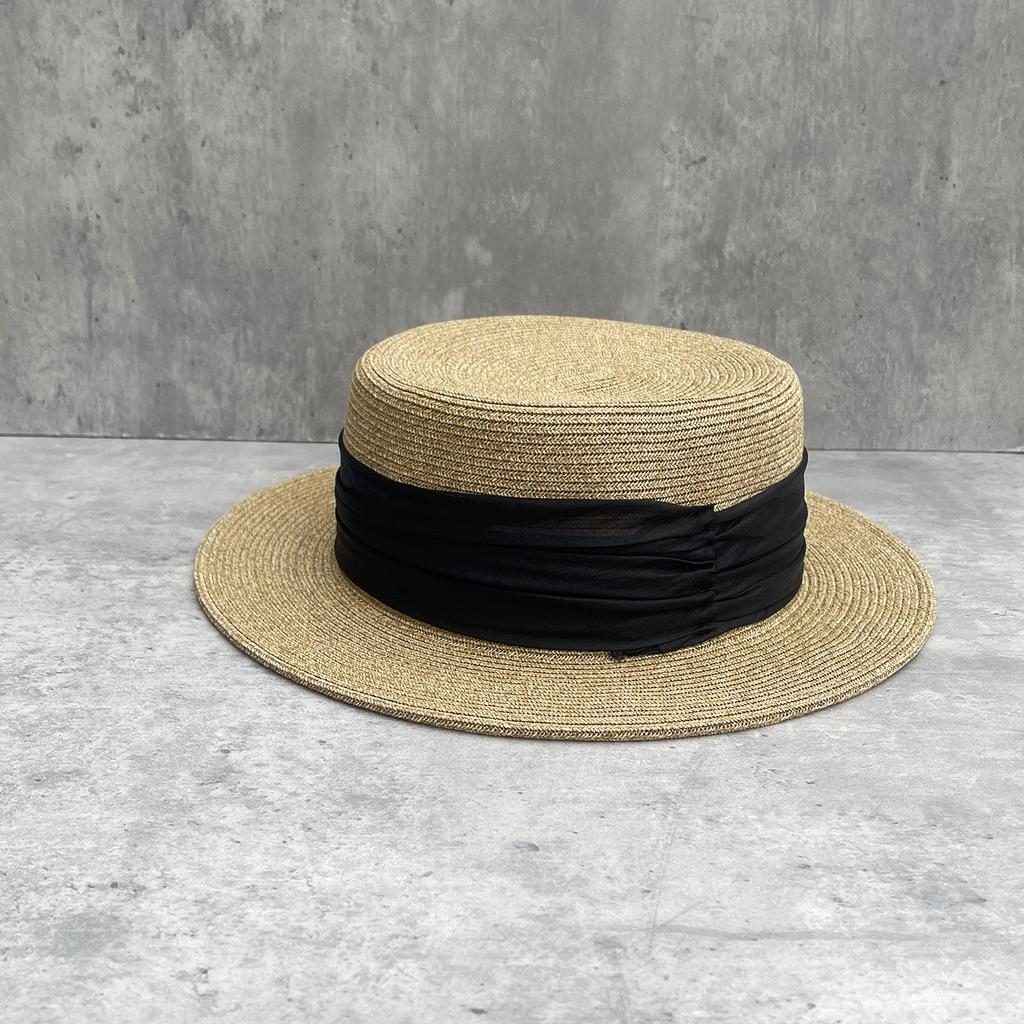 High quality fashion French flat top sunshade straw hat women's seaside vacation sun hat organza pleated elegant top hat