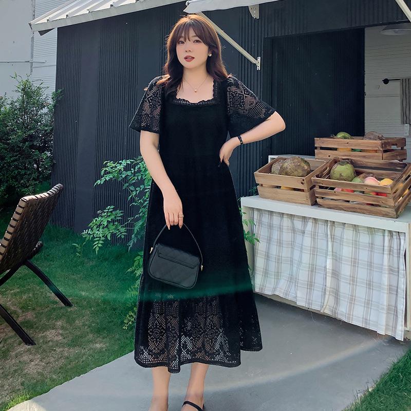 

Платье из хлопка с вязаным кружевом и квадратным вырезом в французском стиле, больших размеров - Летняя коллекция 1XL чёрный