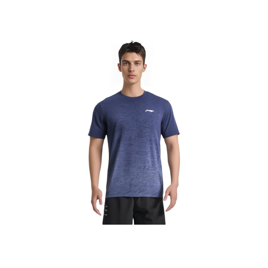 Li-Ning Comfortable Simple Breathable Outdoor Casual Fitness Short Sleeve T-Shirt Men Tops Deep-Navy-Blue Sky-Blue-Gradient AHSU817-3