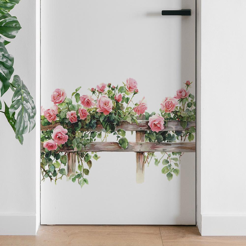 Kreative Rosenknospen Grüne Blätter Zaun Schlafzimmer Wohnzimmer Zuhause Wandhintergrund Verschönerung Dekoration Wandaufkleber