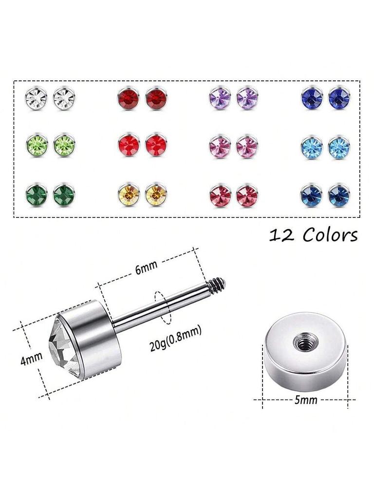 12 Pairs CZ Ear Stud Mixed Colors Cartilage Earrings Set Stainless Steel Barbell Studs Earrings Helix Tragus Piercing