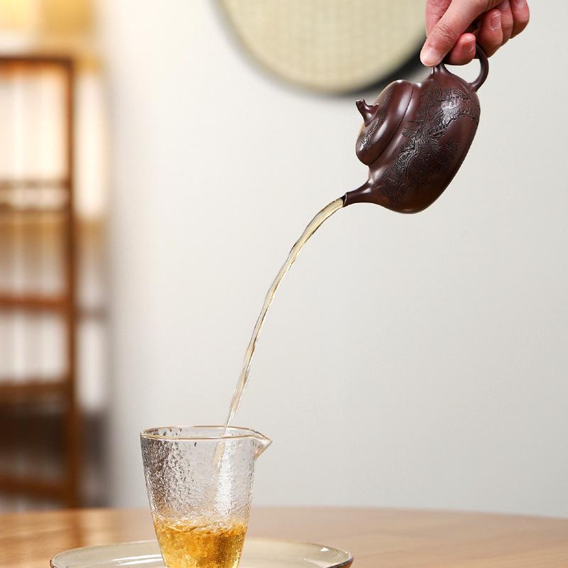 Cipher Yixing Original Ore Purple Clay Zisha Eggplant Gourd Teapot - Handmade Carved Gongfu Tea Set