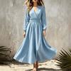 Women's Elegant Color V-Neck Long Sleeve Fitted Waist Dress for Work Party Daily Wear