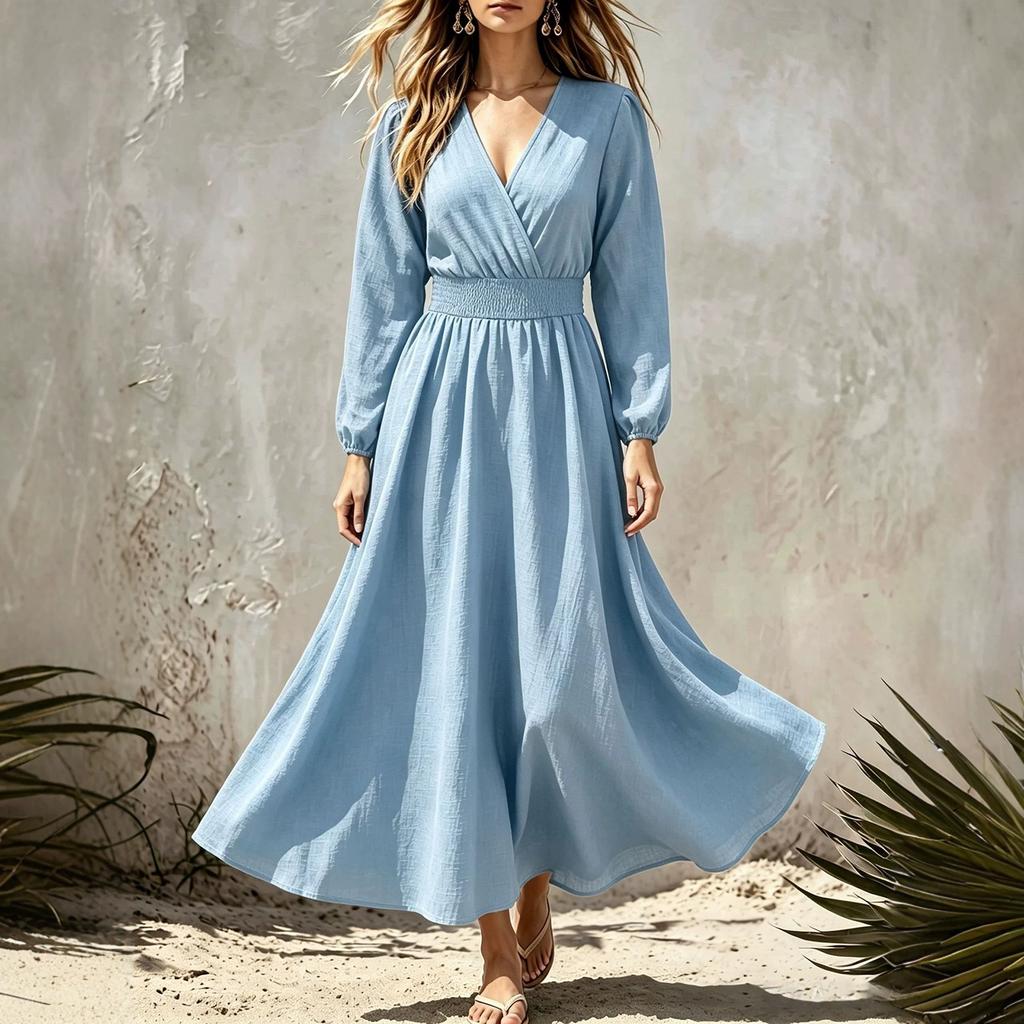 Women's Elegant Color V-Neck Long Sleeve Fitted Waist Dress for Work Party Daily Wear