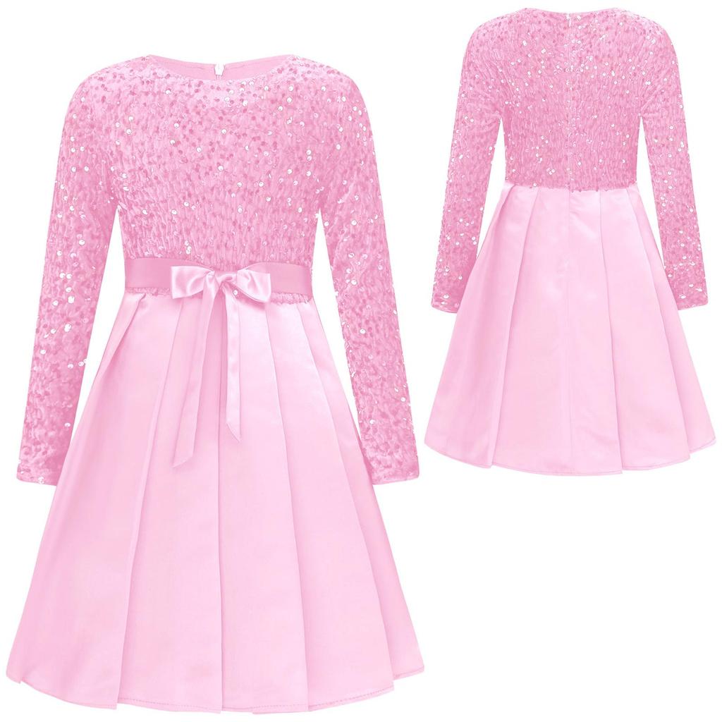 Belted Christmas Dress for Girls Knee Length Pleated Gown Glittery Sequin Round Collar Long Sleeve
