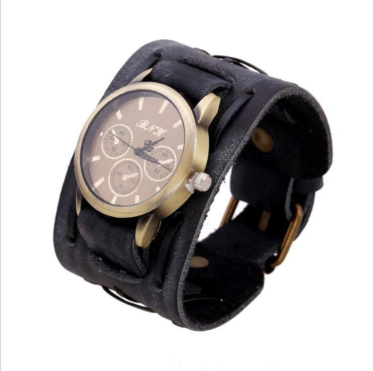 Relogio Retro Big Wide Genuine Leather Strap Watch Men Punk Quartz Cuff Watch Wristwatches Bracelet Unusual Wrist Watch
