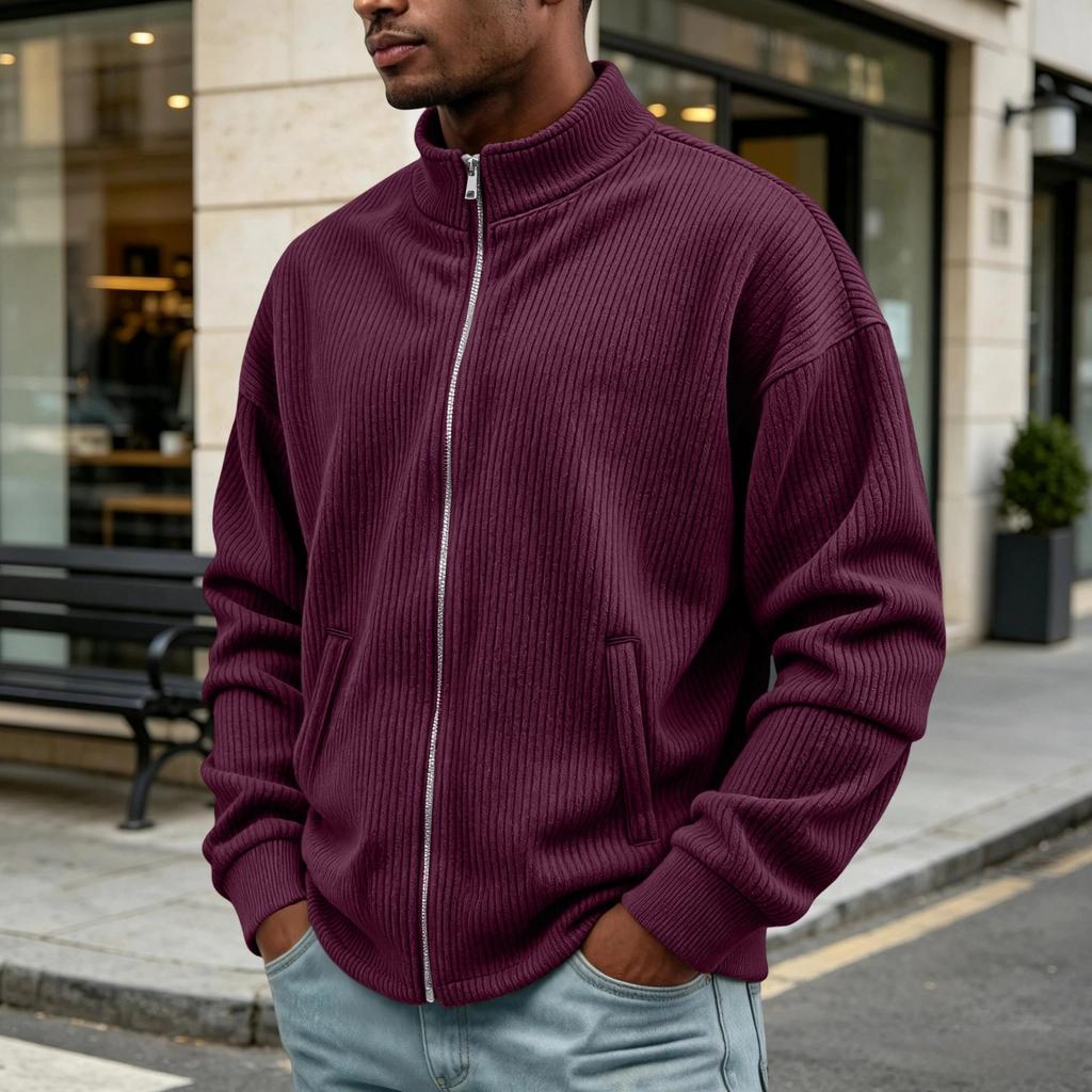 Men's Retro Corduroy Zip Cardigan with Two Pockets Casual Sweater